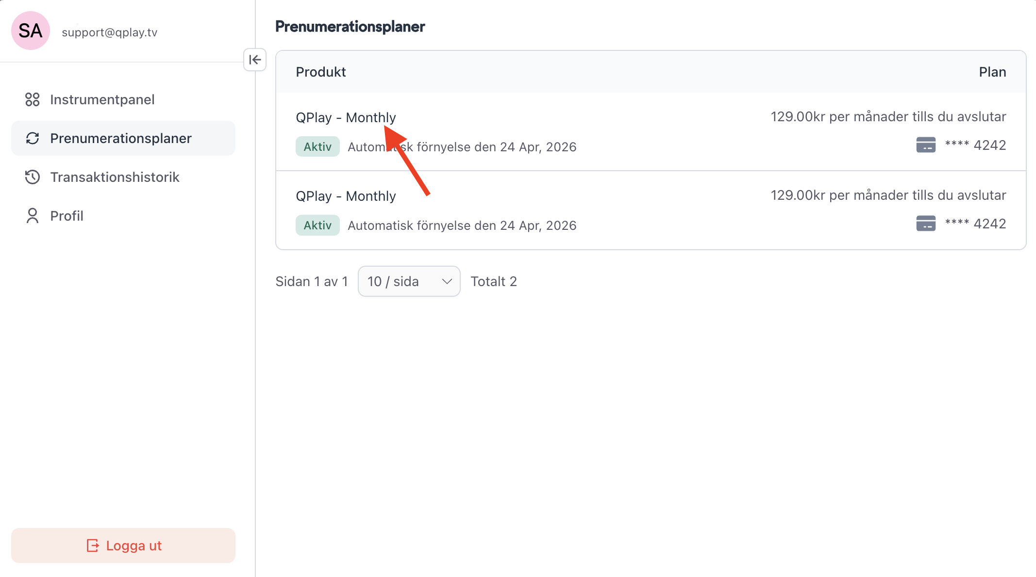 Lista över prenumerationer – klicka på din aktiva prenumeration