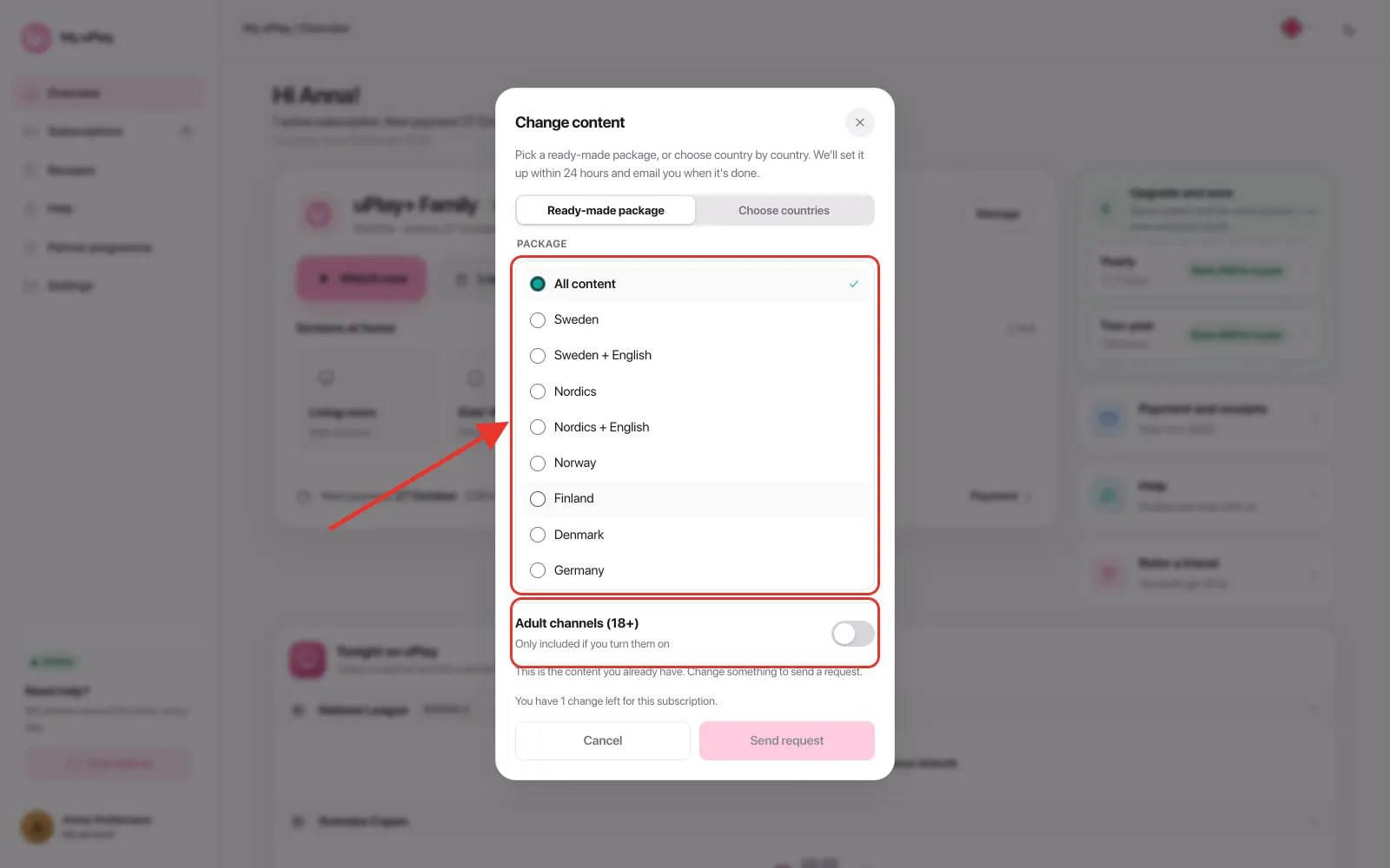The Ready-made package tab with the package list and the adult channels switch