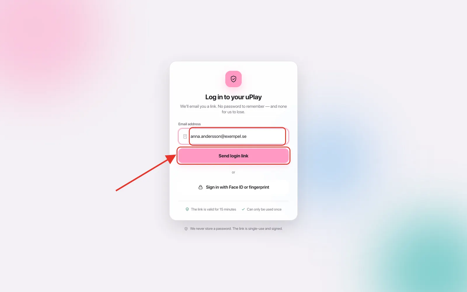 The login page with the email field and the Send login link button