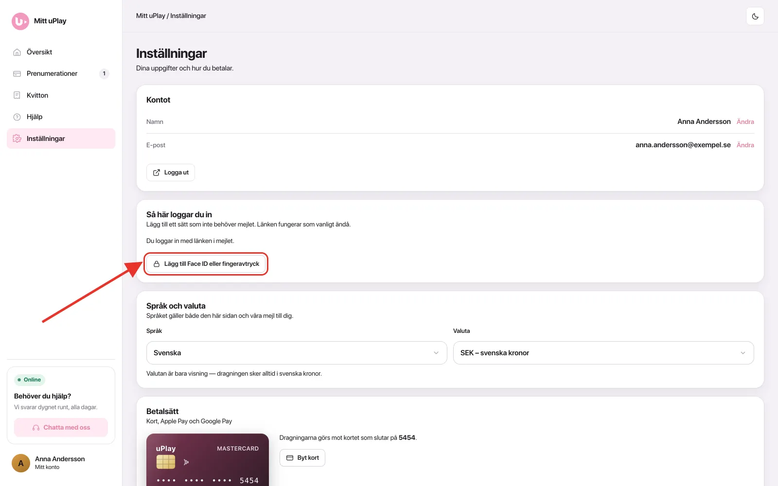 Kortet Så här loggar du in, med knappen Lägg till Face ID eller fingeravtryck